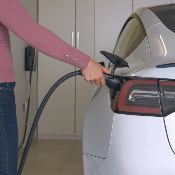 Woman plugging a charger into her EV in a garage Woman plugging a charger into her EV in a garage
